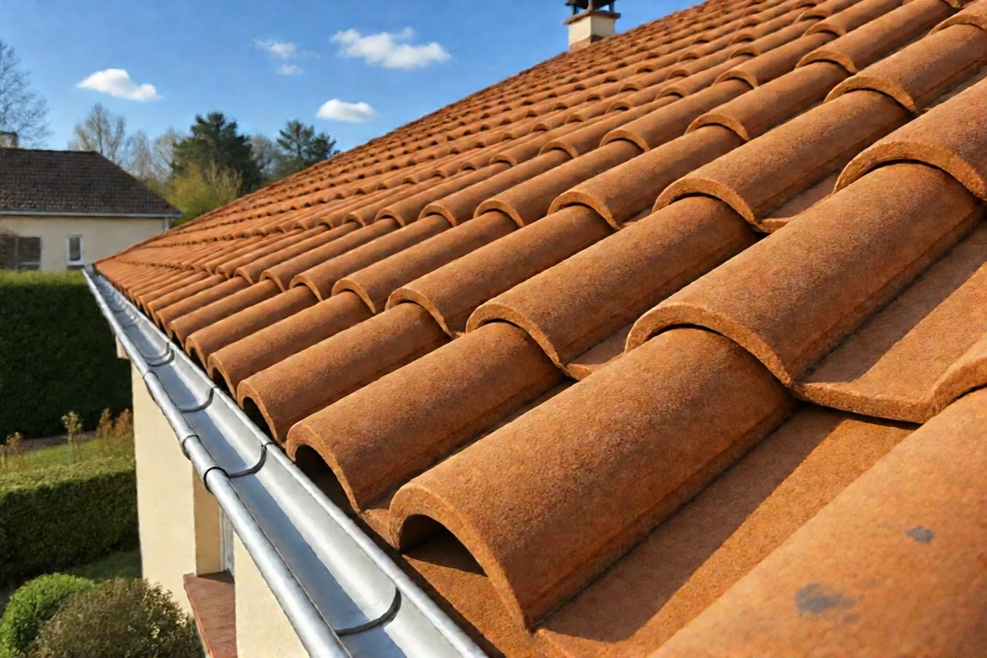 Après : Toiture en tuiles terre cuite : couverte de mousse, puis nettoyée et démoussée (Apprieu)