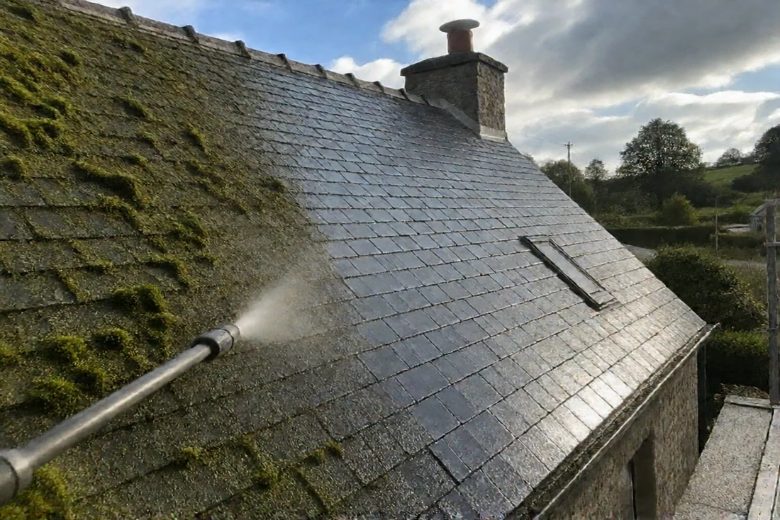 Nettoyage basse pression d'une toiture en ardoise (Servon-sur-Vilaine, Ille-et-Vilaine)