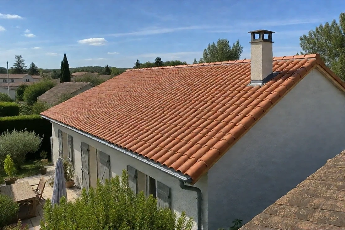 Toiture en tuiles propre après nettoyage et démoussage (Plescop, Morbihan)