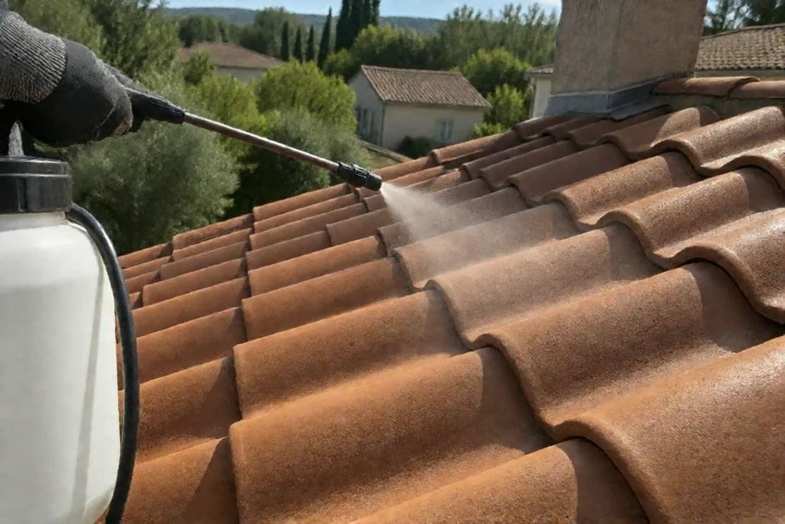 Application d'un hydrofuge incolore sur des tuiles (Pierre-Châtel, Isère)