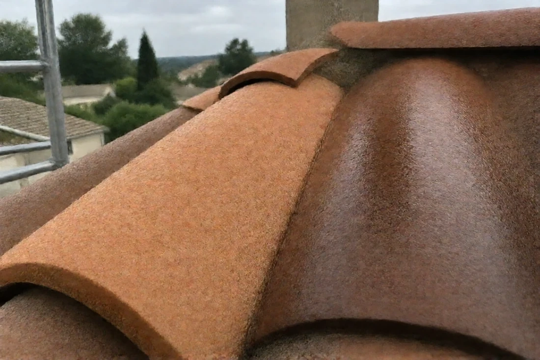 Tuiles hydrofugées où l'eau perle sans pénétrer (Chatte, Isère)