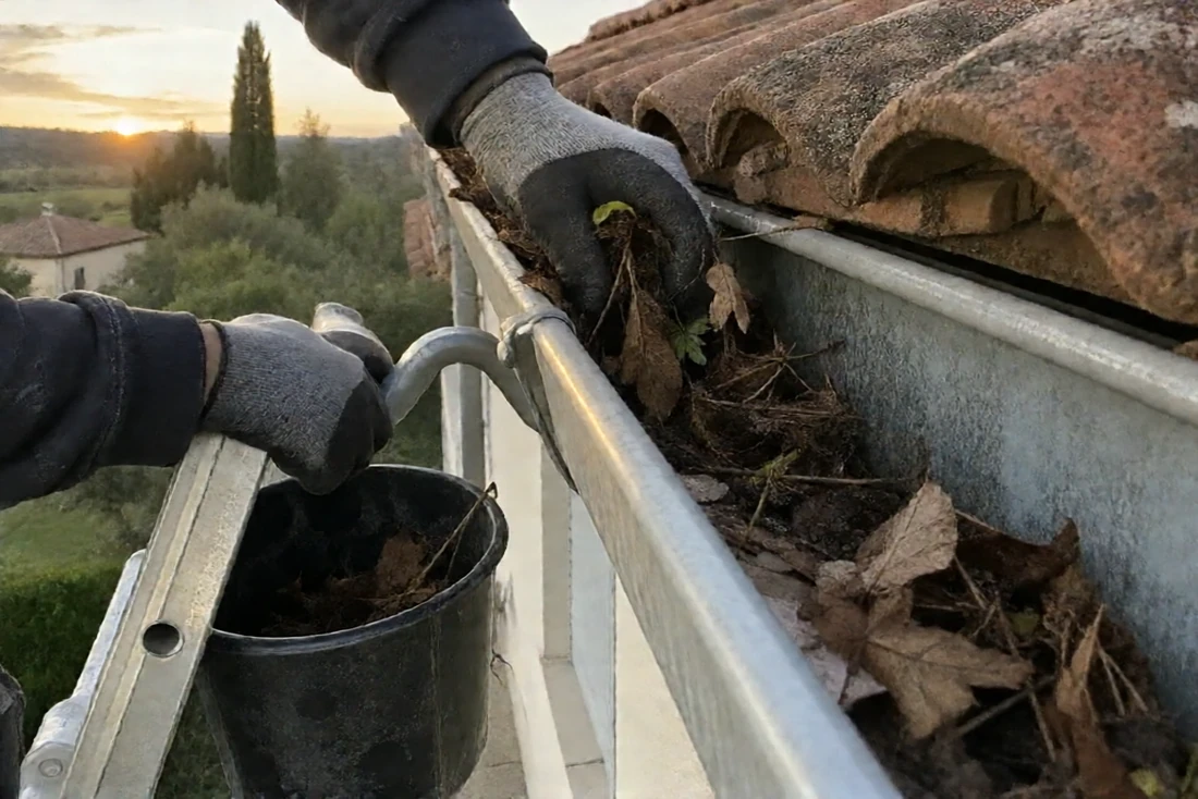 Curage manuel d'une gouttière par un couvreur (Vayres, Gironde)