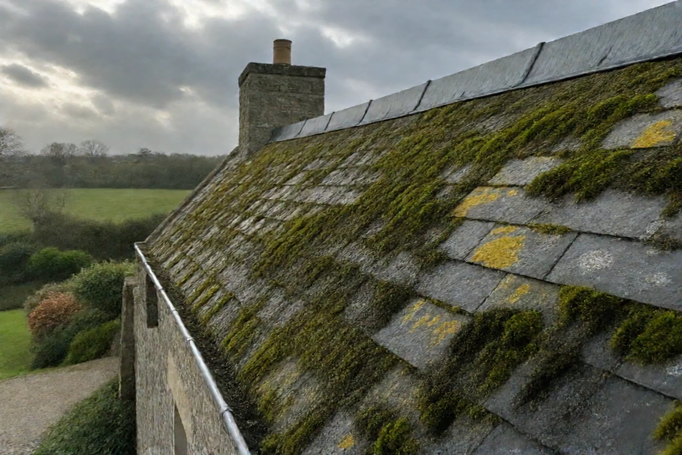 Avant : Toiture en ardoise d'une longère : moussue, puis nettoyée (Saint-Jean-sur-Vilaine)