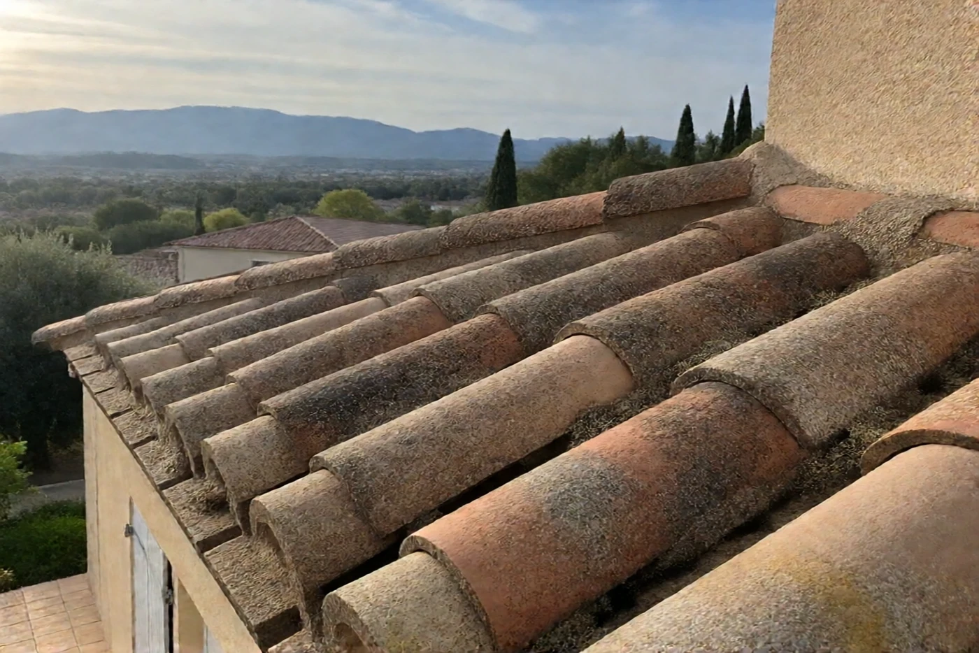 Avant : Toiture en tuiles canal du Roussillon : envahie de lichens et de mousse, puis nettoyée (Corbère-les-Cabanes)