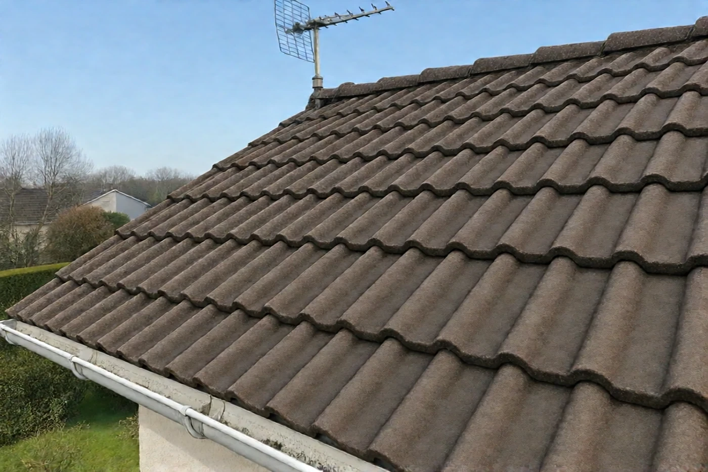 Après : Toiture en tuiles béton : couverte de mousse en coussins, puis démoussée (Valence-en-Brie)