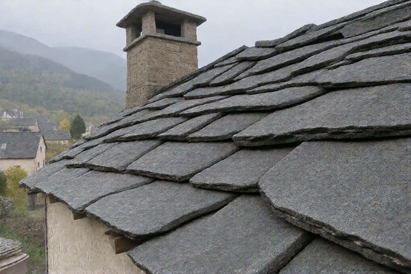 Après : Toit en lauzes d'ardoise des Pyrénées : moussu, puis nettoyé (Pézilla-la-Rivière)